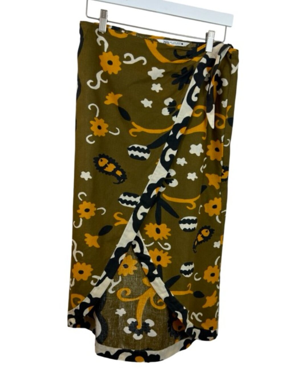 Zara Linen Blend Olive, Mustard, Cream Graphic Pareo Wrap Skirt Size Small